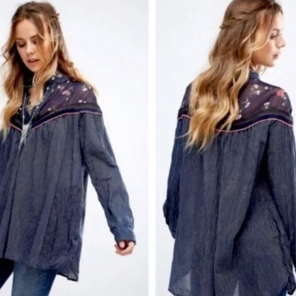 FREE People Navy Blue Pinstripe Sheer Floral Boho Oversized Tunic Blouse Top - Picture 3 of 16